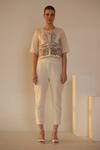 Buy_Oja_Ivory Crop Top Linen Fletcher Hand Embroidered Applique Abstract And Pant Set _at_Aza_Fashions