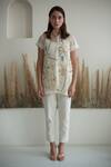 Buy_Oja_Ivory Shirt Linen Fletcher Hand Embroidered Crochet Collared Pant Set _at_Aza_Fashions