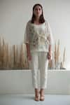 Buy_Oja_Ivory Linen, Canvas Embroidery Open Neck Flower Appliqued Short Jacket Pant Set _at_Aza_Fashions