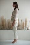 Shop_Oja_Ivory Linen, Canvas Embroidery Open Neck Flower Appliqued Short Jacket Pant Set _at_Aza_Fashions