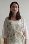 Oja_Ivory Linen, Canvas Embroidery Open Neck Flower Appliqued Short Jacket Pant Set _Online_at_Aza_Fashions