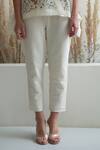 Buy_Oja_Ivory Linen, Canvas Embroidery Open Neck Flower Appliqued Short Jacket Pant Set _Online_at_Aza_Fashions