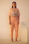 Buy_Oja_Pink Crop Top Linen Fletcher Hand Embroidered Applique Abstract And Pant Set _at_Aza_Fashions