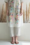 Shop Oja White Gingham, Linen Beads, Sequins Floral Embroidered Straight Kurta With Pant Online at Aza Fashions Shop_Oja_White Gingham, Linen Beads, Sequins Floral Embroidered Straight Kurta With Pant _Online_at_Aza_Fashions