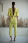 Shop_Oja_Yellow Glint Linen Woven Stripe Floral Beads Embroidered Crop Top With Pant _at_Aza_Fashions