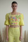 Buy_Oja_Yellow Glint Linen Woven Stripe Floral Beads Embroidered Crop Top With Pant _Online_at_Aza_Fashions