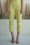 Shop_Oja_Yellow Glint Linen Woven Stripe Floral Beads Embroidered Crop Top With Pant _Online_at_Aza_Fashions
