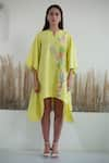 Buy_Oja_Yellow Glint Linen Embroidery Natural Floral Notched Beads Asymmetrical Dress _at_Aza_Fashions