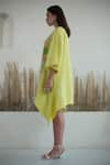 Oja_Yellow Glint Linen Embroidery Natural Floral Notched Beads Asymmetrical Dress _Online_at_Aza_Fashions