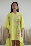 Buy_Oja_Yellow Glint Linen Embroidery Natural Floral Notched Beads Asymmetrical Dress _Online_at_Aza_Fashions