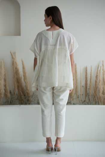 Shop_Oja_Ivory Linen, Canvas Embroidery Round Neck Earthy Applique Jacket And Pant Set _at_Aza_Fashions