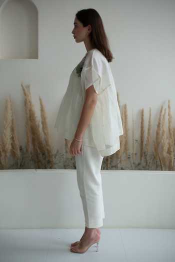 Oja_Ivory Linen, Canvas Embroidery Round Neck Earthy Applique Jacket And Pant Set _Online_at_Aza_Fashions