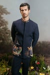 Shop_YAJY by Aditya Jain_Blue Italian Suiting Embroidered Forest Mriga Bandhgala And Pant Set _Online_at_Aza_Fashions