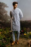 Buy_YAJY by Aditya Jain_Blue Fancy Fabric Embroidered Thread Nila Kurta And Trouser Set _at_Aza_Fashions