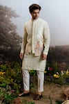 Buy_YAJY by Aditya Jain_Green Linen Embroidered Thread Pawanputra Bundi Kurta Set _at_Aza_Fashions