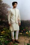 Shop_YAJY by Aditya Jain_Green Linen Embroidered Thread Pawanputra Bundi Kurta Set _at_Aza_Fashions