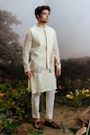 YAJY by Aditya Jain_Green Linen Embroidered Thread Pawanputra Bundi Kurta Set _Online_at_Aza_Fashions