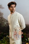 Shop_YAJY by Aditya Jain_Green Linen Embroidered Thread Pawanputra Bundi Kurta Set _Online_at_Aza_Fashions