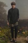 Shop_YAJY by Aditya Jain_Black Fancy Fabric Embroidered Floral Prahasta Garden Kurta And Pant Set _at_Aza_Fashions