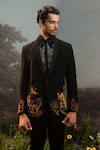 Shop_YAJY by Aditya Jain_Black Italian Suiting Embroidery Wild Forest Ahalya Tuxedo Set _Online_at_Aza_Fashions