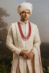 YAJY by Aditya Jain_Ivory Raw Silk Embroidery Resham Chandrabhaga Bahar Sherwani Set _Online_at_Aza_Fashions