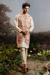 YAJY by Aditya Jain_Multi Color Rayon Embroidery Danta Paisley Bloom Print Long Bundi And Kurta Set _Online_at_Aza_Fashions