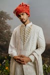 YAJY by Aditya Jain_White Bamber Silk Embroidery Resham Hansaraj Mughal Sherwani Set _at_Aza_Fashions