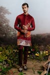 Buy_YAJY by Aditya Jain_Red Suede Embroidery Ram Setu Harivansh Lord Hanuman And Sita Bundi Kurta _at_Aza_Fashions