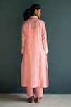 Shop_Oja_Pink Handloom Linen Hand Embroidery Floral Collared Neck Kurta With Pant _at_Aza_Fashions