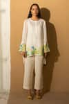 Buy_Oja_Ivory Linen Fletcher Hand Embroidery Floral Round Placement Long Top With Pant _at_Aza_Fashions