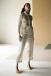 Buy_Oja_Ivory Linen Fletcher Hand Embroidery Floral Collared Neck Jacket And Pant Set _at_Aza_Fashions