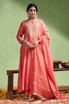 Buy_Almaari by Pooja Patel_Peach Anarkali And Dupatta Chanderi Silk Embroidery Gota Taraana Pant Set _at_Aza_Fashions