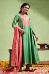 Buy_Almaari by Pooja Patel_Green Anarkali And Dupatta Chanderi Silk Tarini Contrast Yoke & Pant Set _at_Aza_Fashions