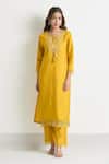 Naintara Bajaj_Yellow Chanderi, Crepe, Silk Tassels, Embroidery Keyhole Floral Yoke Kurta Set _Online_at_Aza_Fashions