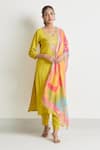 Shop_Samyukta Singhania_Yellow Kurta And Pant Viscose Embroidery Zardozi Notched Set _Online_at_Aza_Fashions