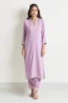 Samyukta Singhania_Purple Viscose, , Satin Embroidery, Lace V-neck Sleeve Kurta Set_Online_at_Aza_Fashions