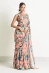 Samyukta Singhania_Green Slime Georgette Printed Tropical Round Saree Gown _Online_at_Aza_Fashions