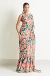 Buy_Samyukta Singhania_Green Slime Georgette Printed Tropical Round Saree Gown _Online_at_Aza_Fashions