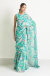 Shop_Samyukta Singhania_Blue Slime Georgette Printed Floral Round Saree Gown _Online_at_Aza_Fashions