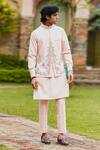 Courtyard By Abhi_Peach Lycra Cut Work, Embroidery, Diamonds Floral Bundi And Kurta Set _at_Aza_Fashions