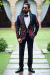 Shop_Courtyard by abhi_Blue Japanese Lycra Embroidery 3d Floral Blazer Set _at_Aza_Fashions