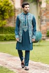 Buy_Courtyard by abhi_Green Imported Lycra Suiting Embroidery Iris Bloom Long Bundi And Kurta Set _at_Aza_Fashions