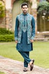 Shop_Courtyard by abhi_Green Imported Lycra Suiting Embroidery Iris Bloom Long Bundi And Kurta Set _at_Aza_Fashions