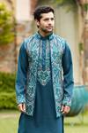 Shop_Courtyard by abhi_Green Imported Lycra Suiting Embroidery Iris Bloom Long Bundi And Kurta Set _Online_at_Aza_Fashions