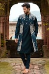 Shop_Courtyard by abhi_Green Imported Lycra Suiting Embroidery Stellar Bloom Long Bundi And Kurta Set _Online_at_Aza_Fashions