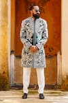 Buy_Courtyard by abhi_Green Velvet Embroidery Resham Gul Sherwani With Trouser _at_Aza_Fashions