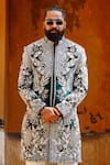 Courtyard by abhi_Green Velvet Embroidery Resham Gul Sherwani With Trouser _Online_at_Aza_Fashions