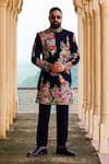 Buy_Courtyard by abhi_Blue Japanese Lycra Embroidery Cutdana Persian Bloom Sherwani With Trouser _at_Aza_Fashions