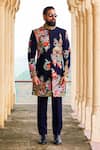 Shop_Courtyard by abhi_Blue Japanese Lycra Embroidery Cutdana Persian Bloom Sherwani With Trouser _Online_at_Aza_Fashions