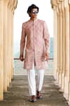 Buy_Courtyard by abhi_Peach Japanese Lycra Embroidery Resham Phool Mahal Sherwani With Trouser _at_Aza_Fashions